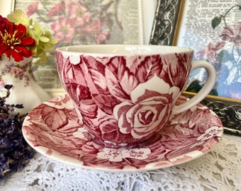 Victorian Chintz Burleighware Mug with Saucer, Vintage English Tea or Coffee Set with Large Red Roses