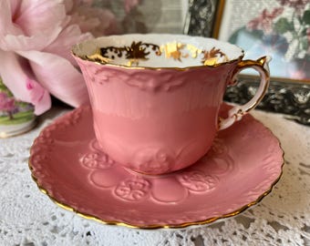Pink Aynsley Tea Cup and Saucer with Gold Trim, Cabinet Collection, Embossed English Tea Set