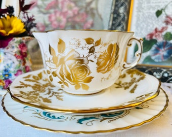 Hammersley Golden Glory Teacup, Golden Pansy Saucer, Paragon Marina Plate with Aqua Blue Accents, Vintage Mismatched English Tea Set