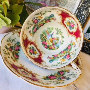 Coalport Bird of Paradise Teacup and Saucer with Red and Gold, Broadway Marone, Wide Mouth, Made in England, Collectible Mother's Day Gift