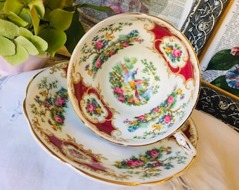 Coalport Bird of Paradise Teacup and Saucer with Red and Gold, Broadway Marone, Wide Mouth, Made in England, Christmas Gift Idea