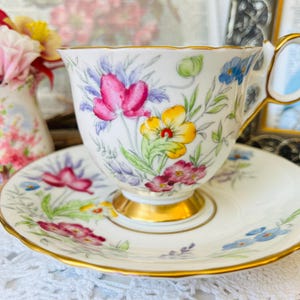 Delphine &quot;Dawn&quot; Pink Floral Teacup and Saucer with Large Blooms