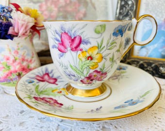 Delphine "Dawn" Pink Floral Teacup and Saucer with Pretty Blooms, Birthday or Bridal Shower Vintage Gift, Pretty in Pink English Tea Set