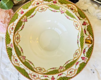 France Limoges Lanternier Teacup and Saucer with Green Trim, Antique French Home Country Decor Gift Idea, Tea Drinker Gift