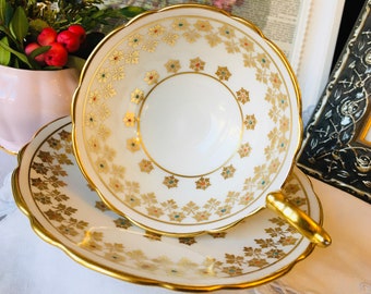 Royal Stafford Gold Teacup and Saucer with Hot Pink and Aqua Blue Raised Dots, Vintage English Tea Set, Easter Gift, Tea Drinker Gift