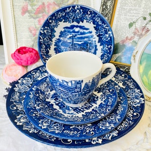 Dickens Series English Ironstone  Dinnerware in Blue Transferware, Teacup, Saucer, Bowl, Lunch and Dinner Plate Place Setting