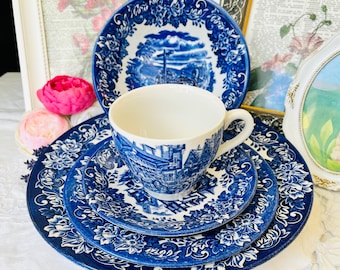 Dickens Series English Ironstone  Dinnerware in Blue Transferware, Teacup, Saucer, Bowl, Lunch and Dinner Plate Place Setting, Vintage Home