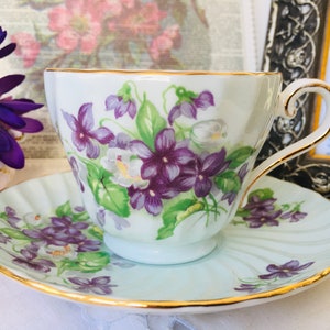 Aynsley Light Blue Tea Cup and Saucer with Purple Violets in a Swirl Shape, Springtime English Tea Set, Vintage Gift for Mother's Day