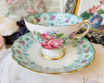 Rosina Roses and Daisies Teacup and Saucer with Pink and Blue Blooms, Vintage English Tea Set, Mother's Day Gift Idea