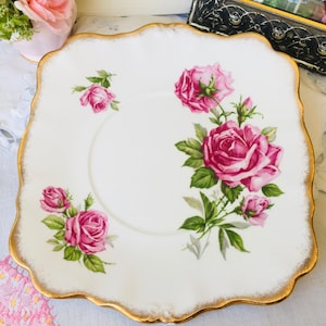 Pink Cabbage Roses Square Cake Plate, Royal Standard Orleans Rose, Gold Brushed Trim, Vintage Dessert Plate Server