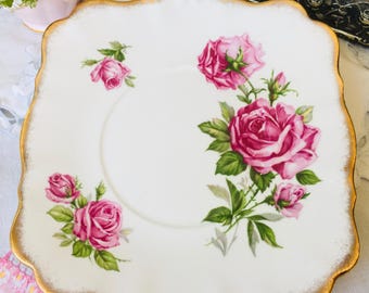 Pink Cabbage Roses Square Cake Plate, Royal Standard Orleans Rose, Gold Brushed Trim, Vintage Dessert Plate, Housewarming Gift Idea