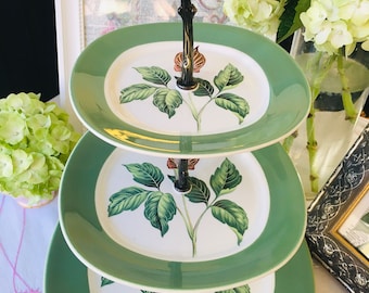 Green Floral Cake Stand, Mid Century Vintage Taylor Smith Conversation Square Plates, 1950s Retro Home Decor, Tea Drinker Gift