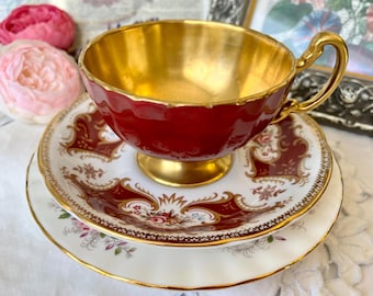 Red Gold Mix and Match Teacup, Saucer, Small Plate, Aynsley, Royal Albert, Stanley China, One of a Kind Gift, Christmas Tea Gift