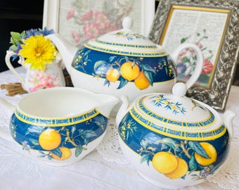 Wedgwood Teapot "Citrons" in Blue Provencale Floral and Lemons, Matching Sugar Bowl with Lid and Creamer, Vintage Home Gift