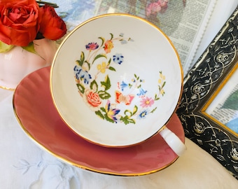 Aynsley Pink Cottage Garden Butterfly Tea Cup and Saucer, Vintage English Tea Set, Mother's Day Gift for Her, Limited Edition Stamp