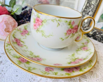 French Limoges Pink Roses Teacup, Saucer and Plate, Antique 1930s Porcelain, French Country Decor, Spring Tea Time Gift