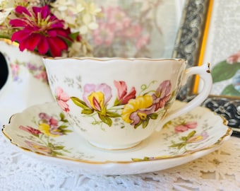 Coalport Marilynn Teacup and Saucer: Sweet Pea Floral, Vintage English Tea Set