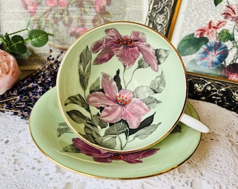 Vintage Windsor China Teacup and Saucer - Mint Green with Pink Floral and Red Accents Lace, Wide Mouth Teacup, Signed and Numbered