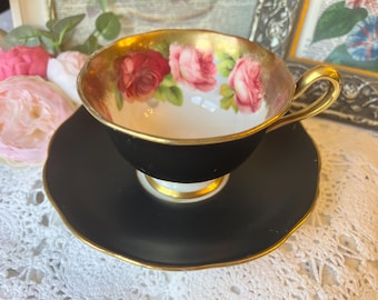 Royal Albert Matte Black Teacup and Saucer, Red and Pink Cabbage Roses, English As Is Tea Set