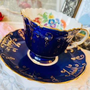 Cobalt Blue Aynsley Quatrefoil Teacup and Saucer Textured Gold Scrolls, Collectible Tea Cup, Vintage English Tea Set
