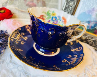 Cobalt Blue Aynsley Quatrefoil Teacup and Saucer Textured Gold Scrolls, Collectible Tea Cup, Vintage English Tea Set