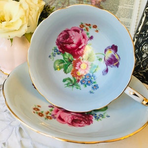 Light Blue Paragon Teacup and Saucer with Large Pink Cabbage Rose and Tulips, Double Warrant, Vintage English Tea Set