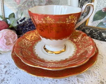 Burnt Orange and Gold Royal Standard Tea Cup,  Saucer, and Plate, Halloween Pumpkin Spice Tea, Vintage Thanksgiving Housewarming Gift