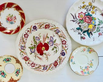 Antique Wall Plate Set of 5 Wedgewood of Etruria Cornflower, Copeland Gainsborough, Bone China Saucers, Red Floral, Vintage Home Decor