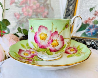 Royal Albert "Wild Rose" Green Ombre And Pink Teacup and Saucer, Vintage English Tea Set, Birthday Gift for Her