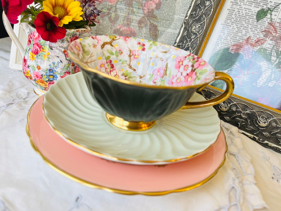 Shelley Black Oleander Teacup With Pink Cherry Blossoms, Aynsley Saucer