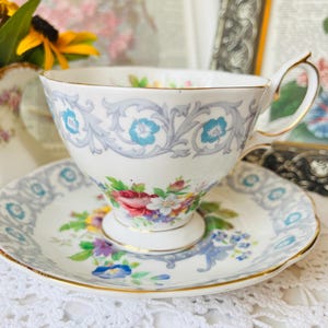 Royal Albert Fragrance Teacup and Saucer Footed with Pink Rose and Blue Lace Floral, Vintage English Tea Set