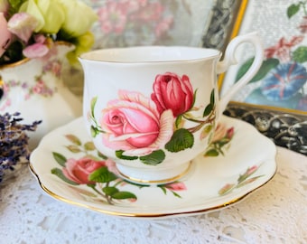 Royal Albert Pink Cabbage Roses "Anniversary Rose" Teacup and Saucer in Hampton Shape, Vintage Cottage Core Home Decor