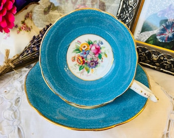 Coalport Blue Speckled Tea Cup and Saucer, Signed P Grant, Gold Trim, Wide Mouth, Made in England, Cabinet Cup, Tea Drinker Gift