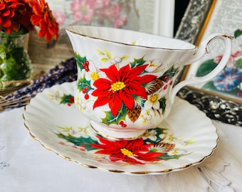 Extra Large 8 oz Royal Albert "Yuletide" Teacup and Saucer with Red Floral and Holly, Vintage English Tea Set, Holiday Decor, Gift for Her