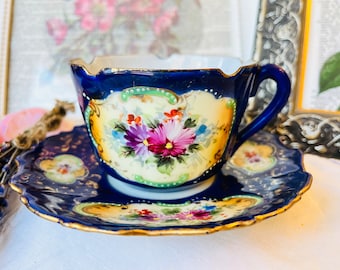 Antique Unmarked Porcelain Teacup and Saucer in Cobalt Blue with Gold, Pink Floral, Hand Painted, Scalloped Trim, Gift for Mom