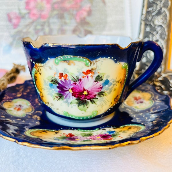 Antique Unmarked Porcelain Teacup and Saucer in Cobalt Blue with Gold, Pink Floral, Hand Painted, Scalloped Trim, Gift for Mom
