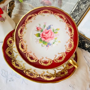Aynsley Raspberry Red and Gold Teacup and Saucer, Pink Floating Rose Floral, Cabinet Collection