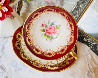 Aynsley Raspberry Red and Gold Teacup and Saucer, Pink Floating Rose Floral, Cabinet Collection, Mother's Day Gift, Tea Drinker Gift