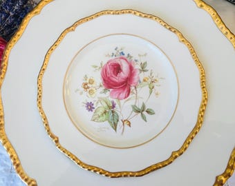 4 Pcs Royal Doulton Place Setting in Pink and Gold, Teacup, Saucer, Dessert Plate, Dinner Plate, Vintage English China, Signed P Curnock