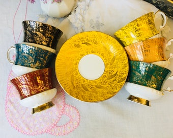 Harlequin Teacups and Saucers by Elizabethan in Deep Jewel Tones with Gold Filigree, Instant Tea Cups Collection, Halloween Teacups