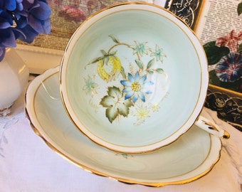 Paragon Teacup and Saucer in Mint Green and Blues, Vintage English Tea Set, Double Warranted Numbered Tea Set for Collectors