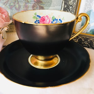 Rare Shelley Matte Black Teacup and Saucer with Pink Roses Clustered, Vintage English Tea Set, Cabinet Collection Cup