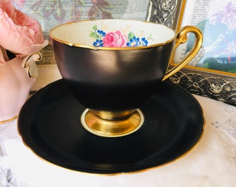 Rare Shelley Matte Black Teacup and Saucer with Pink Roses, Vintage English Tea Set, Cabinet Collection Cup, Halloween Witches Brew
