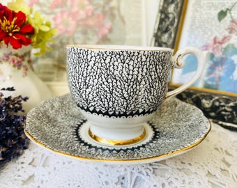 Vintage Bell China Teacup and Saucer: Black Branches & Gold Trim