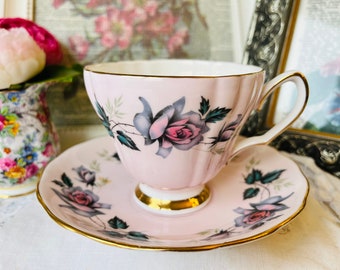 Pink and Black Roses Teacup and Saucer, Vintage English Tea Set, 1950s Classic Vintage, Soft Pink China, Birthday Day Gift For Her