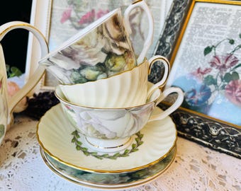 Vintage English Tea Cup Trio: Pastel Roses, Minton, Staffordshire