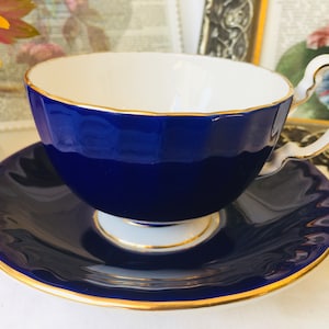 Cobalt Blue Teacup and Sacuer in Aynsley Cottage Garden Pattern with Butterflies and Flowers, Vintage English Tea Set
