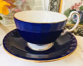 Cobalt Blue Teacup and Sacuer in Aynsley Cottage Garden Pattern with Butterflies and Flowers, Vintage English Tea Set