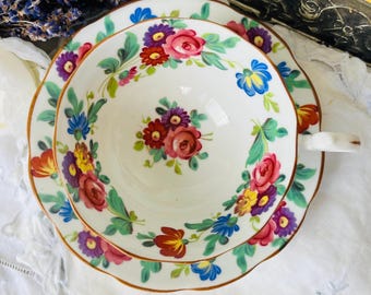 Royal Albert Red Floral Teacup and Saucer, Floral Bouquets, Wide Mouth Vintage Teacup, Gift for Her