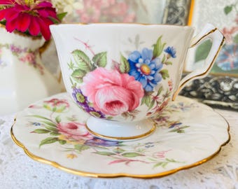 Aynsley Crocus Teacup and Saucer: Pink Cabbage Rose & Floral Bouquet
